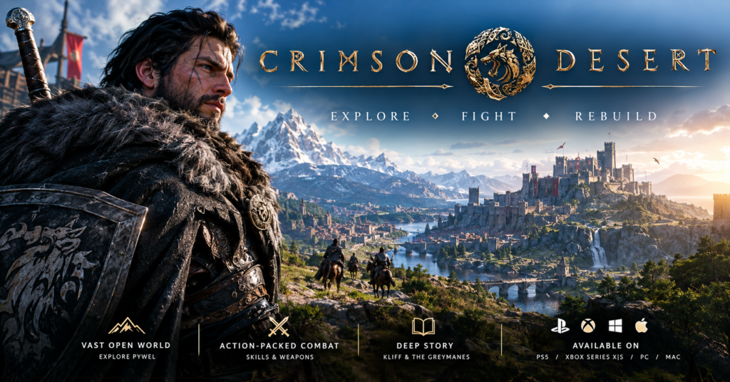 Crimson Desert open-world fantasy game featuring a warrior overlooking Pywel’s vast landscape, mountains, city, and combat-focused adventure.