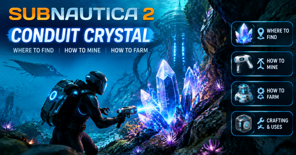 Subnautica 2 Conduit Crystal guide showing a diver mining glowing blue crystals near an alien underwater power plant