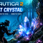Subnautica 2 Conduit Crystal guide showing a diver mining glowing blue crystals near an alien underwater power plant