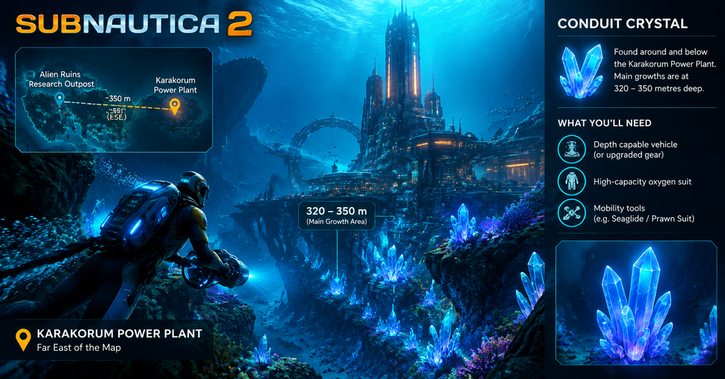 Subnautica 2 Conduit Crystal location guide showing a diver exploring the Karakorum Power Plant underwater with glowing blue crystals at 320 to 350 metres depth.