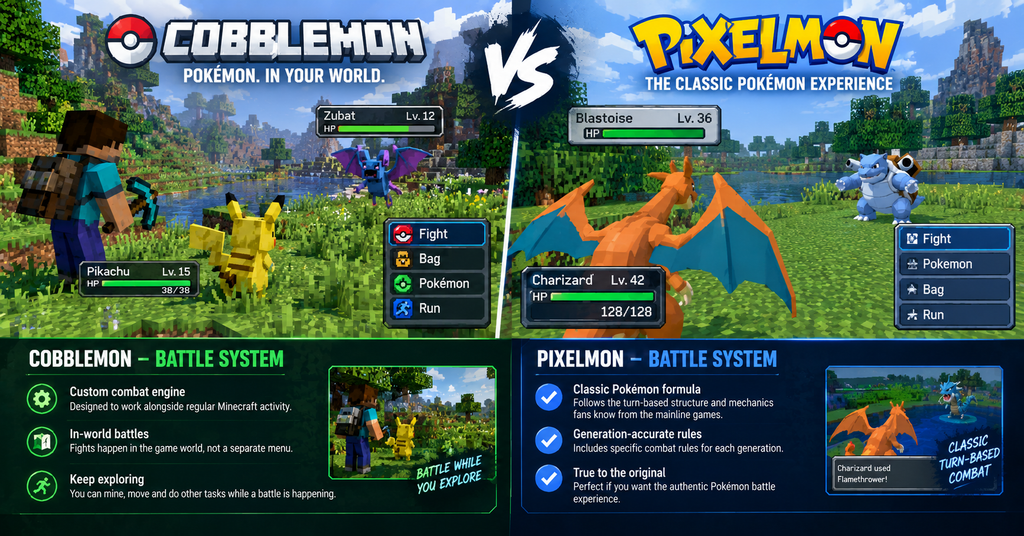 Cobblemon vs Pixelmon battle system comparison showing in-world real-time combat on one side and classic turn-based Pokémon-style battles on the other in a Minecraft setting.