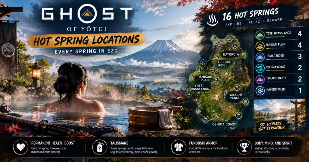 Ghost of Yotei hot spring locations showing a character relaxing in a mountain spring with map of all 16 springs in Ezo
