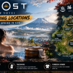 Ghost of Yotei hot spring locations showing a character relaxing in a mountain spring with map of all 16 springs in Ezo