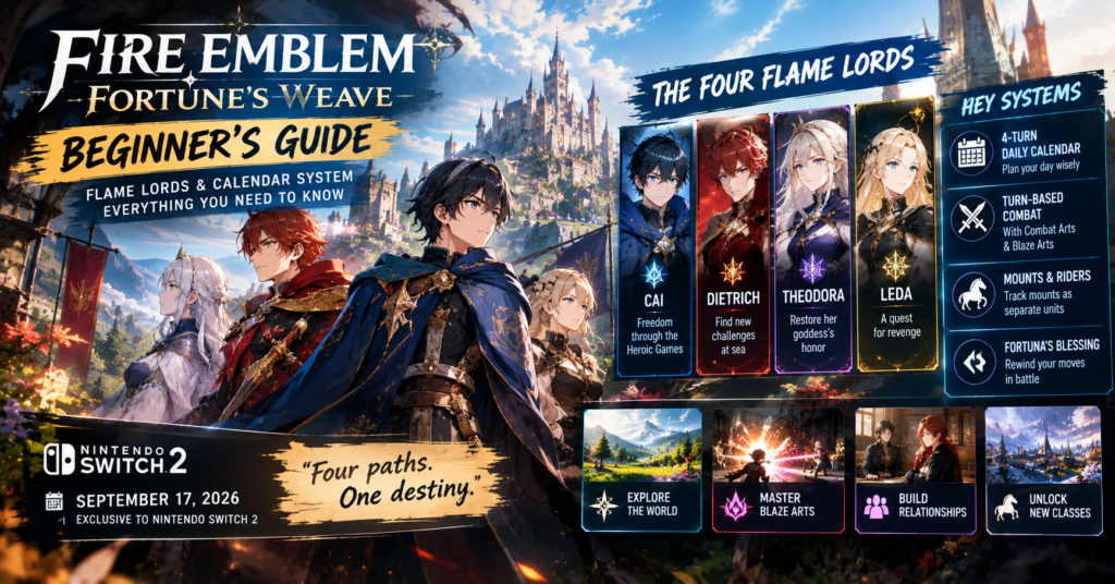 Fire Emblem Fortune’s Weave gameplay showing Flame Lords Cai, Dietrich, Theodora, and Leda in a battle scene with calendar system UI