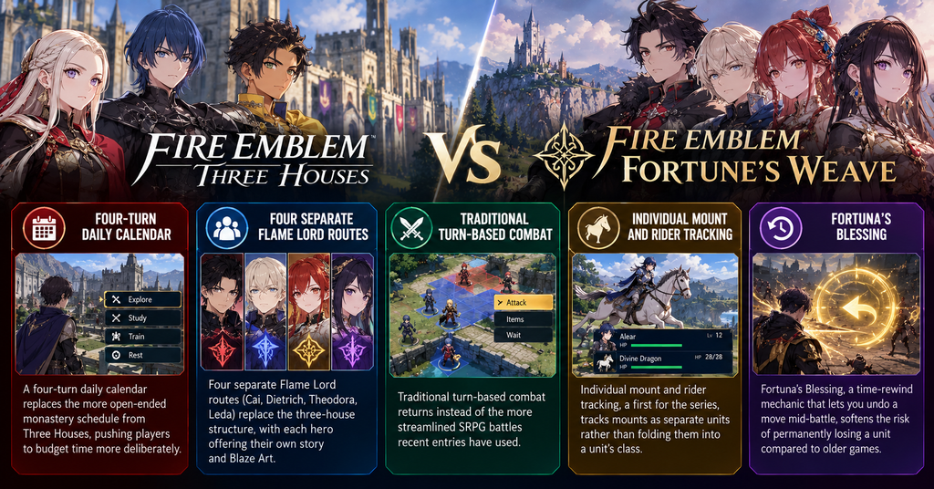 Fire Emblem Fortune’s Weave vs Three Houses comparison infographic showing new features like a four-turn calendar, multiple story routes, traditional turn-based combat, mount tracking, and a rewind mechanic.