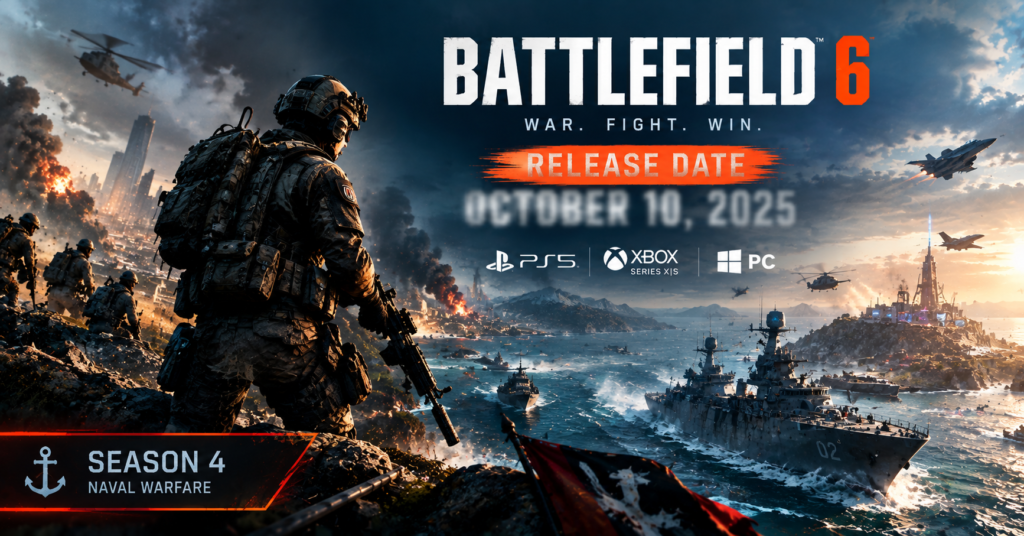 Battlefield 6 Season 4 showing soldier overlooking naval battle with ships, jets and explosions, release date blurred in background
