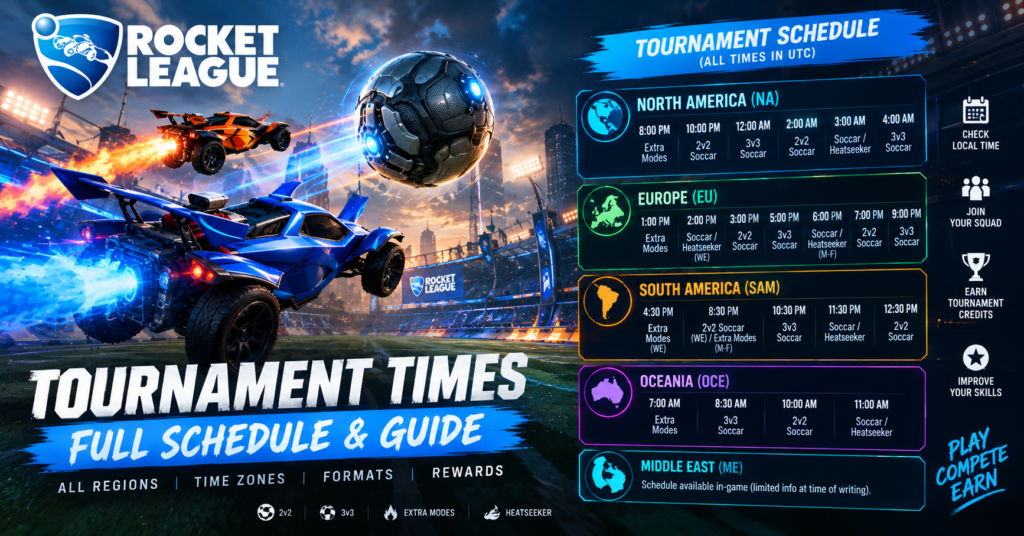 Rocket League tournament schedule showing cars in action with UTC times for NA EU SAM and OCE regions in a stadium