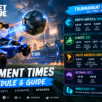 Rocket League tournament schedule showing cars in action with UTC times for NA EU SAM and OCE regions in a stadium