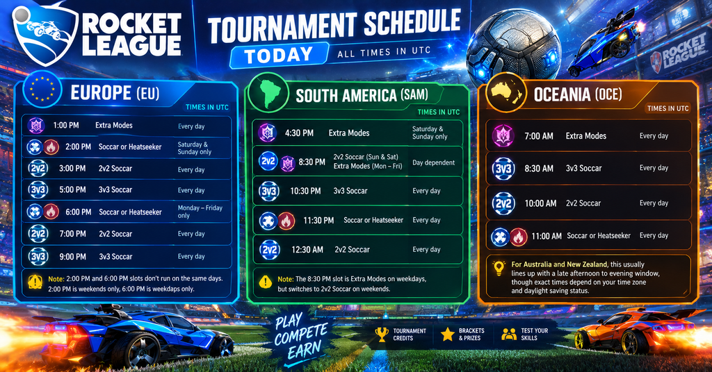 Rocket League tournament schedule infographic showing today’s EU, South America, and Oceania match times in UTC with modes like 2v2, 3v3, Extra Modes, and Heatseeker across different time slots.