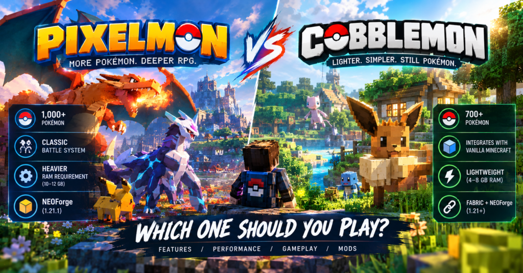 Pixelmon vs Cobblemon comparison showing Minecraft style Pokémon mods with realistic and blocky creatures in split screen