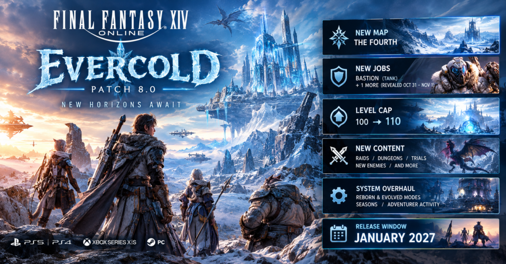 Final Fantasy XIV Evercold 8.0 expansion featuring the frozen Fourth, new Bastion tank job and level cap increase to 110