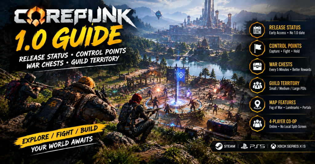 Corepunk 1.0 guide featuring open-world control points, war chests, guild territory and battlefield combat