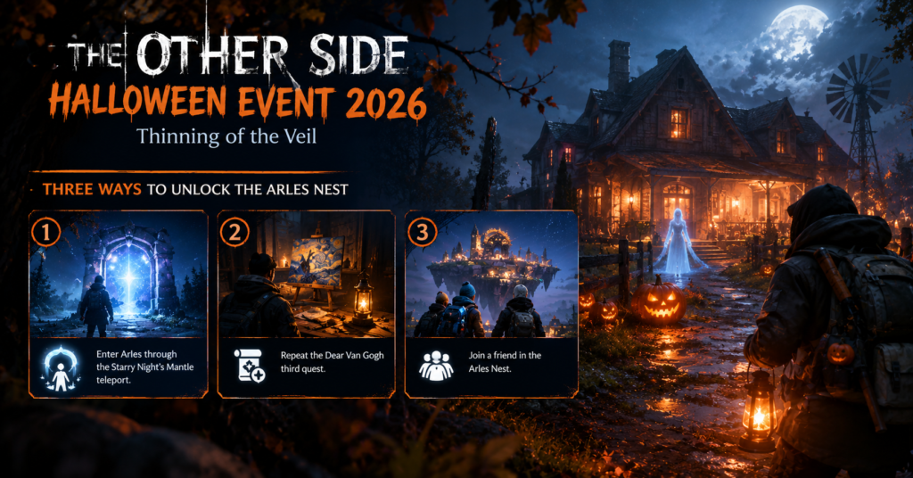 The Other Side Halloween Event 2026 banner featuring a haunted farmhouse, glowing pumpkins, eerie blue fog, and three illustrated ways to unlock the Arles Nest.
