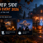 The Other Side Halloween Event 2026 banner featuring a haunted farmhouse, glowing pumpkins, eerie blue fog, and three illustrated ways to unlock the Arles Nest.