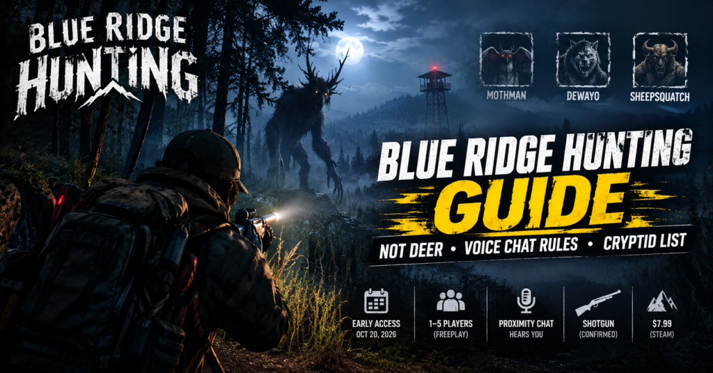 Blue Ridge Hunting guide featuring a hunter facing a mysterious deer-like cryptid in a foggy Appalachian forest, with Mothman, Dewayo, and Sheepsquatch profiles.