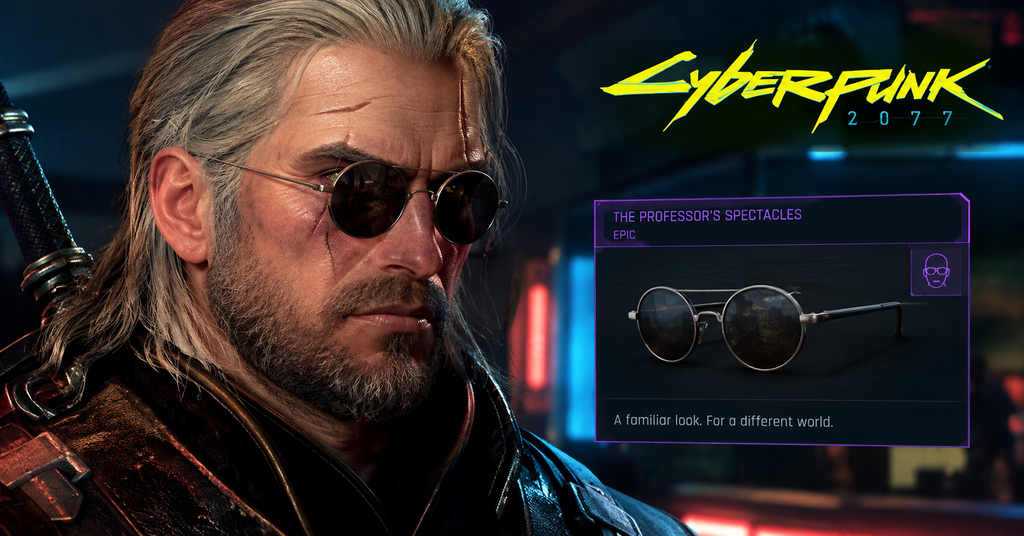 Geralt of Rivia wearing round dark sunglasses in a Cyberpunk 2077 crossover, featuring an in-game item card for The Professor's Spectacles.