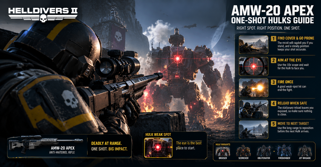 Helldivers 2 AMW-20 Apex sniper rifle aimed at a Hulk's glowing red eye on a smoky battlefield, with a visual guide showing weak-spot targeting, prone positioning, safe reloading, and Hulk enemy variants.