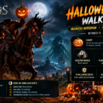 Gloria Victis Halloween event guide featuring the Headless Horseman, a spectral Sea Wraith, Candy rewards, Skeleton Horses, Pumpkin Head skins, and Halloween quests.