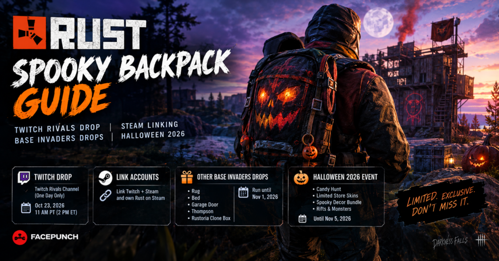 Rust Spooky Backpack guide featuring the exclusive Twitch Rivals Base Invaders drop, Steam account linking, other Halloween 2026 rewards, and event deadlines.