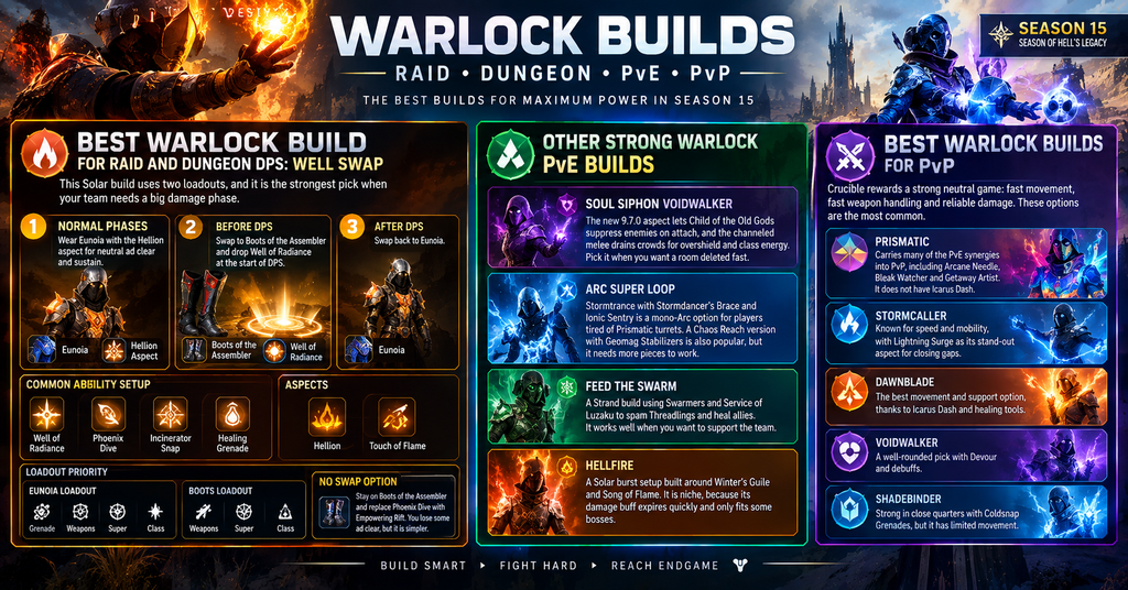 Destiny 2 Warlock builds infographic showing the Well of Radiance swap DPS setup for raids and dungeons, along with top PvE and PvP builds like Voidwalker, Stormcaller, Dawnblade, and Prismatic.