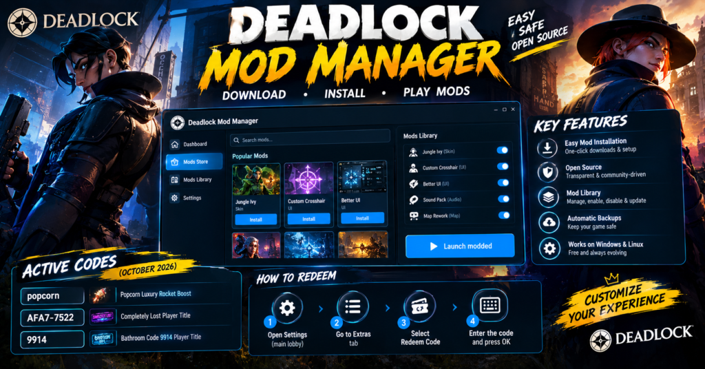 Deadlock Mod Manager interface showing mod installation, Mods Library, backups and Launch modded features
