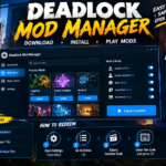 Deadlock Mod Manager interface showing mod installation, Mods Library, backups and Launch modded features