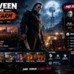The Game Tower Farm map artwork featuring Michael Myers, foggy cornfields, farmhouses, a barn, a filling station, and the October 27, 2026 free update.