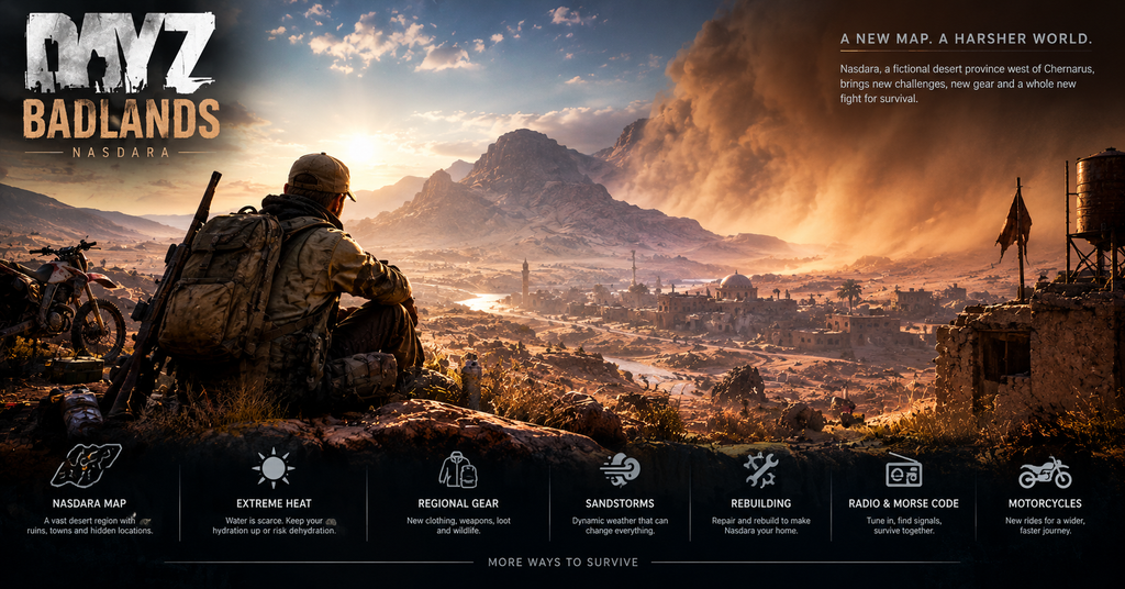 DayZ Badlands Nasdara map promotional image featuring a survivor overlooking a vast desert landscape, highlighting extreme heat, sandstorms, regional gear, rebuilding, radio and Morse code, and motorcycles.