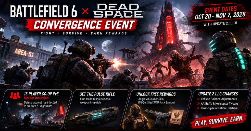 Battlefield 6 Dead Space Convergence event featuring soldiers fighting alien creatures in Area 51.