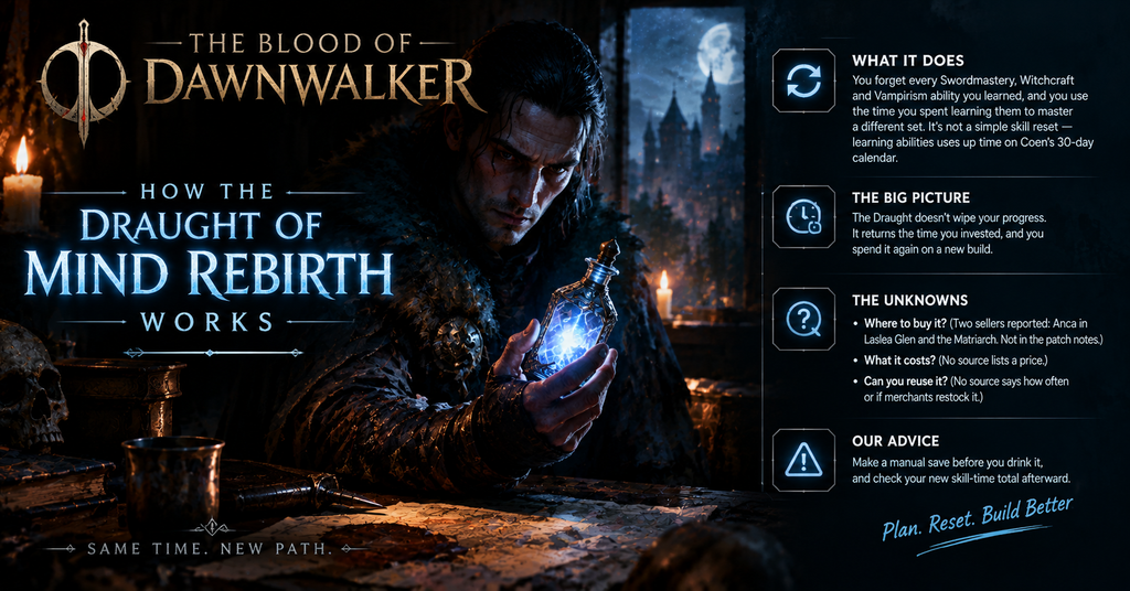 The Blood of Dawnwalker guide explaining how the Draught of Mind Rebirth works, featuring Coen holding a glowing blue potion in a dark medieval setting. Highlights the ability reset across Swordmastery, Witchcraft, and Vampirism, unknown potion costs and availability, and the importance of making a manual save before respeccing.