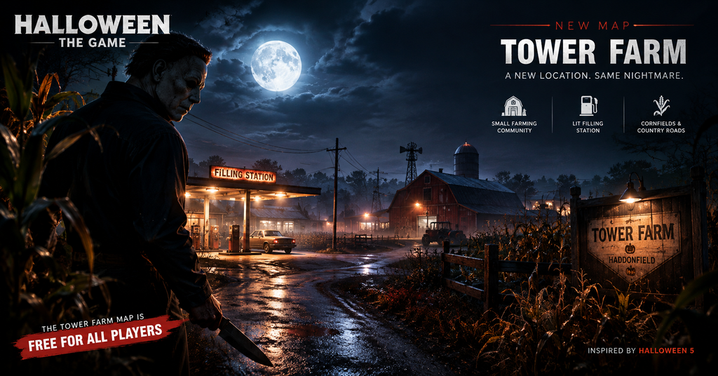 Halloween: The Game Tower Farm map at night, featuring Michael Myers, a moonlit rural filling station, cornfields, a barn, and the eerie Haddonfield countryside.