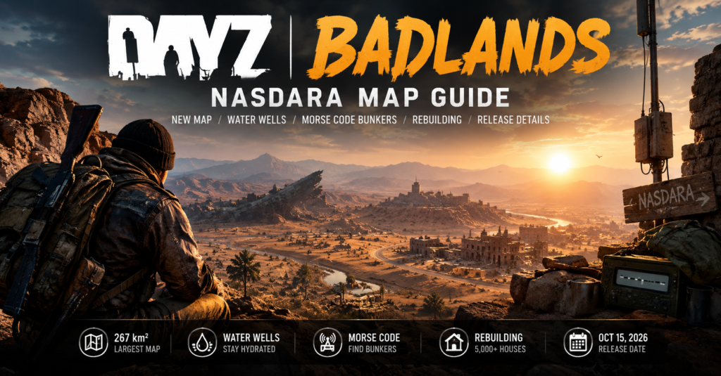 DayZ Badlands Nasdara map guide featuring the desert landscape, water wells, Morse code bunkers, rebuilding, and October 15, 2026 release date.