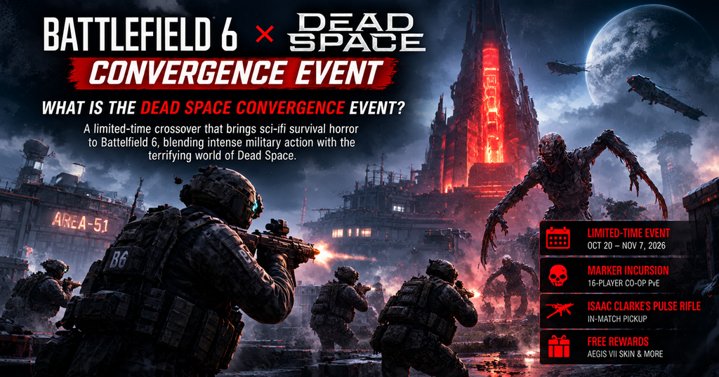 Battlefield 6 Dead Space Convergence event featuring soldiers fighting terrifying alien creatures near a glowing red Marker at Area 51.