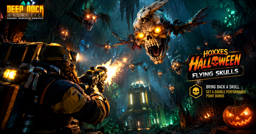 Deep Rock Galactic Hoxxes Halloween 2026 event featuring dwarven miners fighting glowing flying skulls, with Double Performance Points, the Straw Boss hat, and returning Halloween cosmetics.