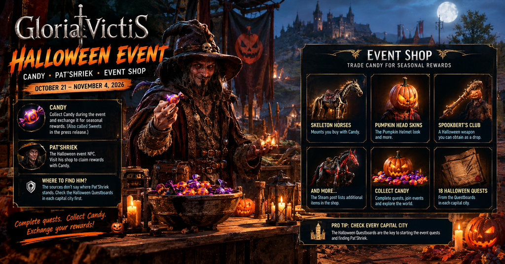 Gloria Victis Halloween event shop featuring Pat'Shriek, collectible Candy, Skeleton Horse mounts, Pumpkin Head skins, Spookbert’s Club, and Halloween quest rewards.