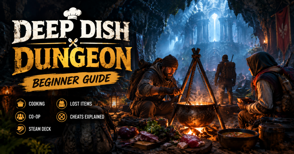 Deep Dish Dungeon beginner guide featuring adventurers cooking at a campfire in a dark fantasy dungeon