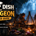 Deep Dish Dungeon beginner guide featuring adventurers cooking at a campfire in a dark fantasy dungeon