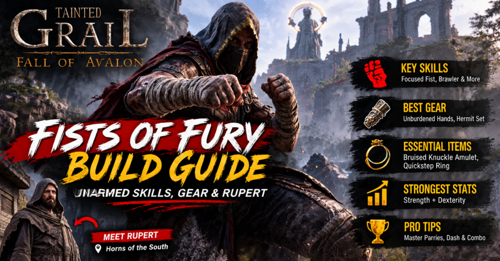 Fall of Avalon Fists of Fury build featuring a warrior ready for intense melee combat.