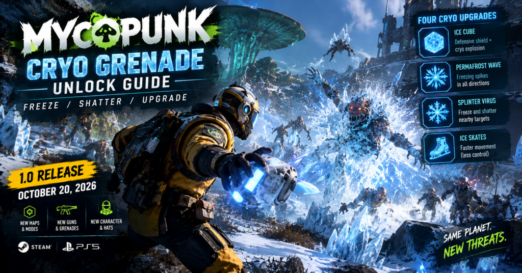 Mycopunk Cryo Grenade guide featuring a futuristic soldier freezing alien enemies in a snowy battlefield.