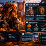 Soulmask Bone Bash festival guide featuring a Día de Muertos skeleton character, Marigold Altar, Homecoming Revelry mask, Carved Stone building set, skeleton skins, and festival rewards.