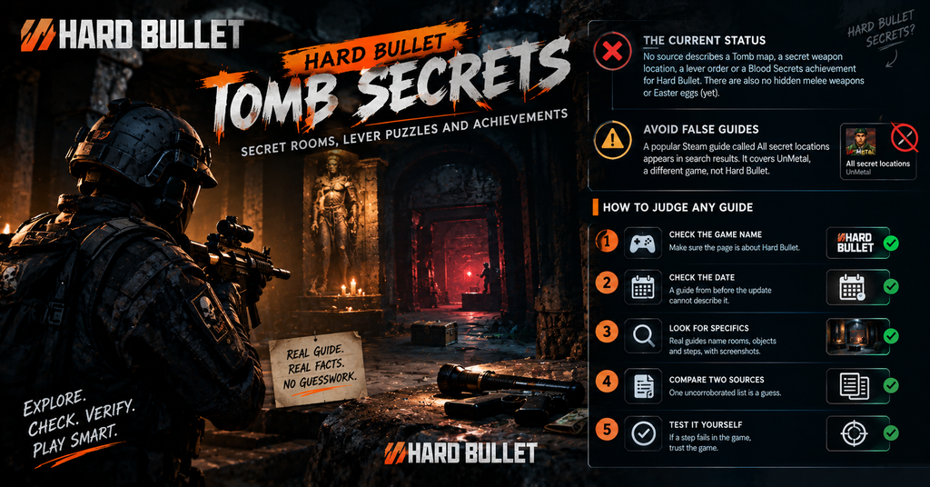Hard Bullet Tomb Secrets guide featuring a tactical soldier exploring a dark, candlelit tomb with a mysterious red-lit doorway. The infographic explains the lack of verified secret rooms, lever puzzles, hidden weapons, and achievements, while sharing five tips for identifying reliable game guides and avoiding misinformation.