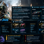 Warframe 2026 weapon tier list showing top Primary, Secondary, and Melee picks, including Torid Incarnon, Kuva Nukor, Laetum, Kronen Prime, Praedos, and Glaive Prime, with S and A tier rankings and a recommended progression path.