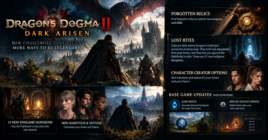 Dragon’s Dogma II: Dark Arisen expansion feature image showcasing a dragon-filled fantasy world, forgotten relics, 12 new endgame dungeon challenges, rare weapons and skills, new hairstyles and tattoos for Arisen and Pawns, and base-game updates featuring the Eternal Ferrystone, improved frame rates, and additional save slots.