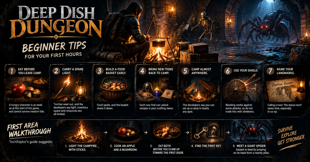 Deep Dish Dungeon beginner guide cover featuring a hooded adventurer beside a campfire in a dark fantasy dungeon, with a skeleton warrior and a giant glowing-eyed spider. Highlights seven survival tips, including managing food and light, preserving supplies, collecting crafting materials, setting up camp, blocking attacks with a shield, and marking landmarks, followed by a step-by-step walkthrough of the first area.