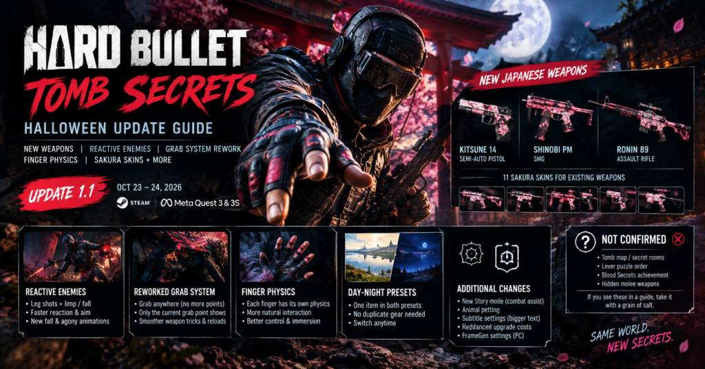 Hard Bullet Tomb Secrets Halloween update guide featuring three new Japanese weapons, 11 Sakura skins, reactive enemies, improved weapon grabbing, finger physics, and unverified secret-room rumors.