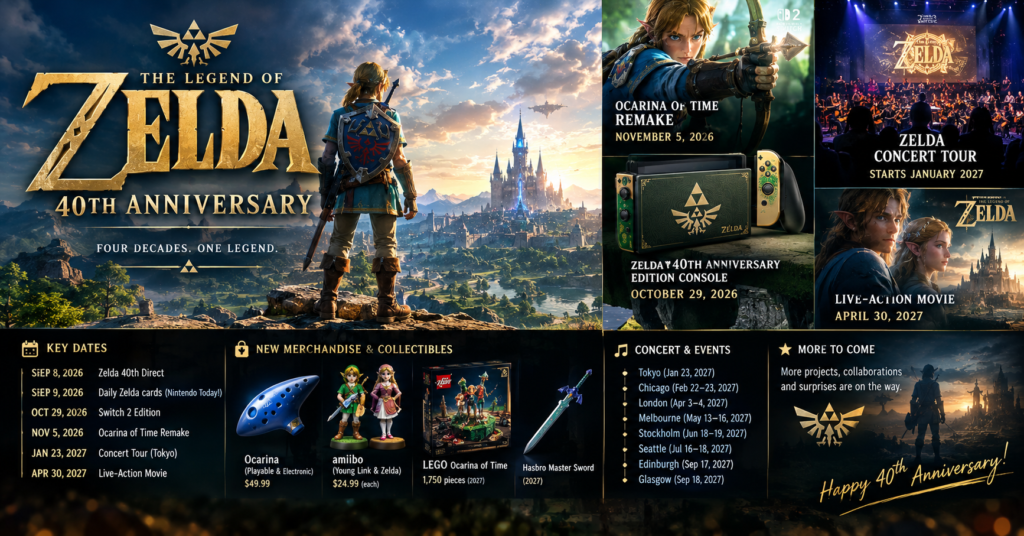Zelda 40th anniversary collage featuring Ocarina of Time remake, Link holding Master Sword, and Switch 2 themed console