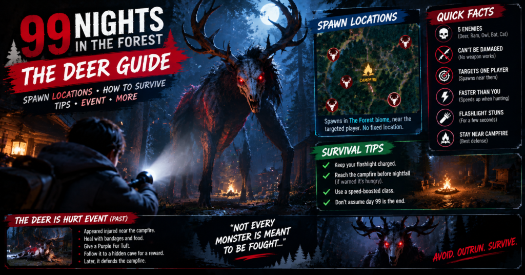 99 Nights in the Forest Deer guide showing the hostile Deer monster in a dark forest with flashlight survival tips and spawn information