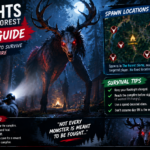 99 Nights in the Forest Deer guide showing the hostile Deer monster in a dark forest with flashlight survival tips and spawn information