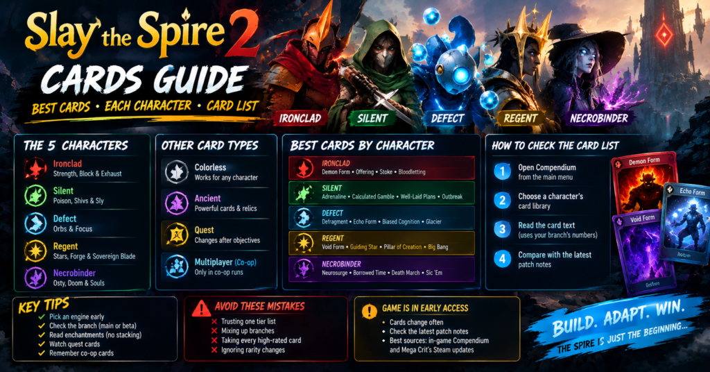 Slay the Spire 2 cards guide showing the five characters and best cards by character