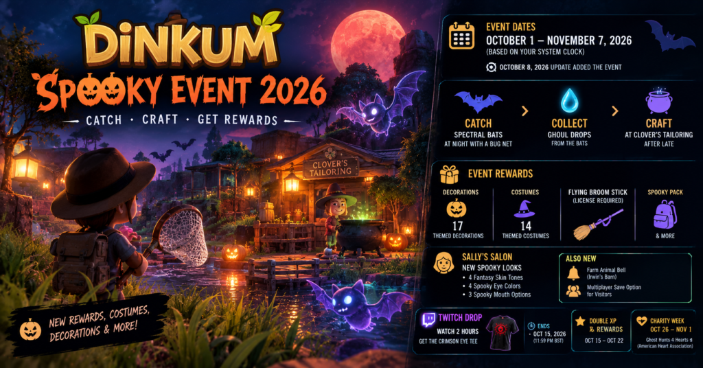 Dinkum Spooky Event 2026 featuring Spectral Bats, a moonlit island, Halloween decorations and event rewards.